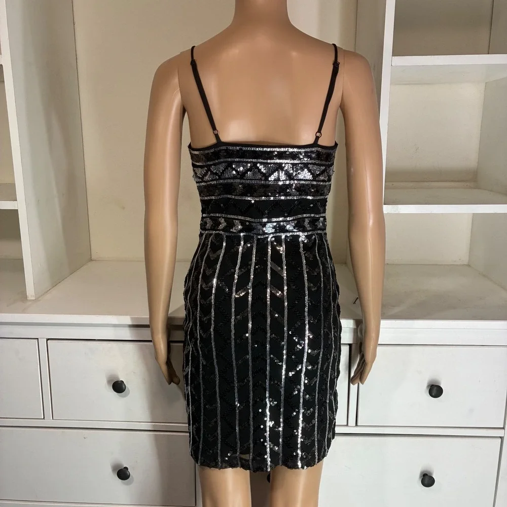 EXPRESS Black Sequin V Neck Spaghetti Strap Mini Dress